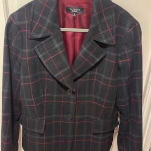 Talbots Wool Blend Jacket Black Maroon Gray Plaid Sz16